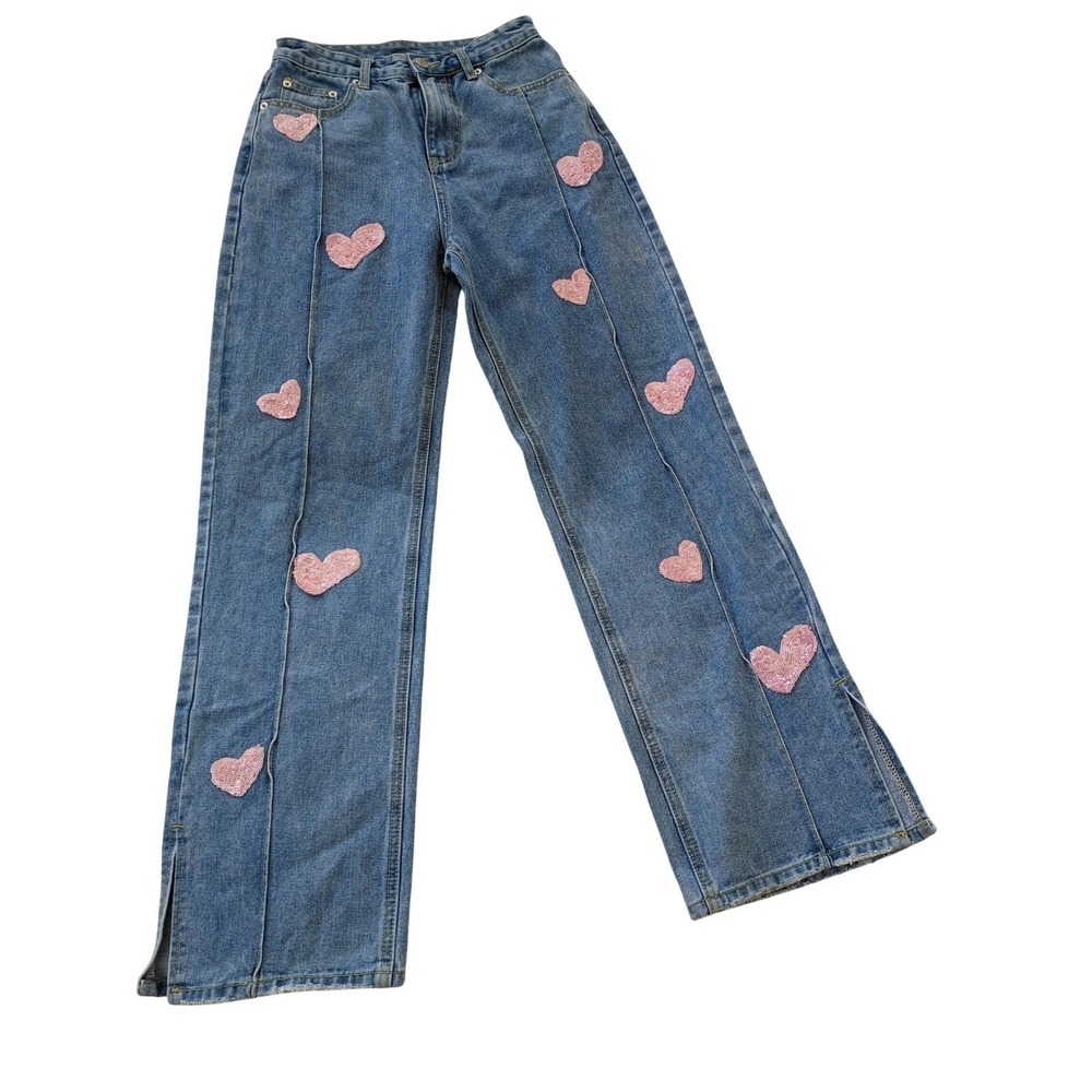 CIDER‎ PINK Closet Sequin Heart Straight Leg Jeans High Rise Side Slit S 25x30